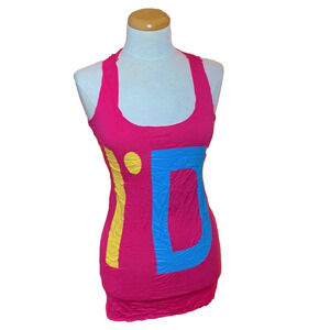 🌷 Hendi 🌷 Vibrant Fuchsia Pink Tank Top Dress Yellow Blue Colourblock